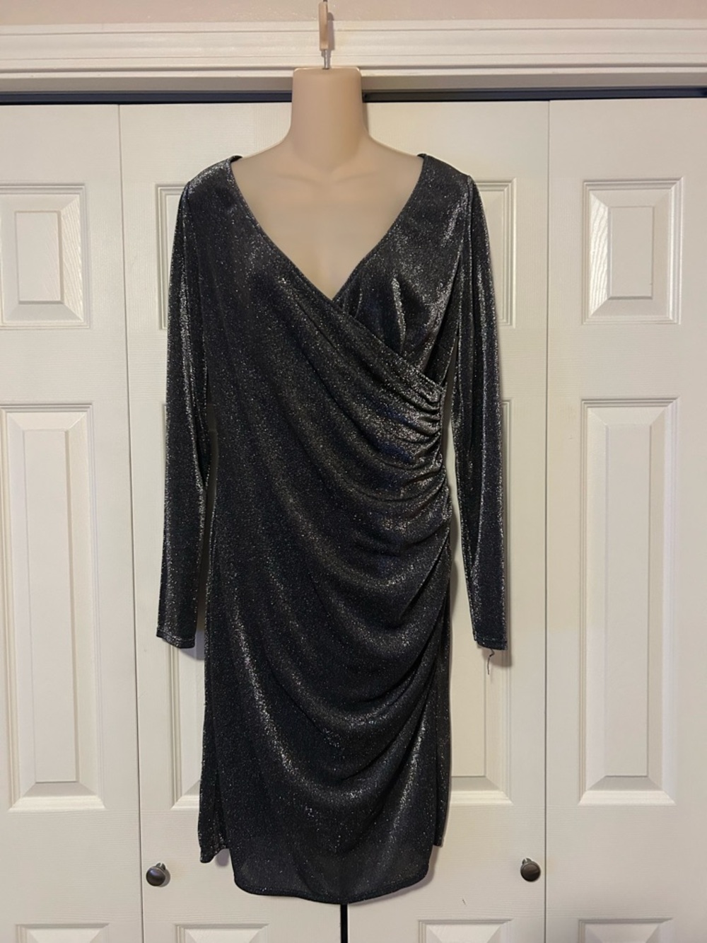 White House Black Market Shimmery Black Long-Sleeve V-Neck Draped Dress